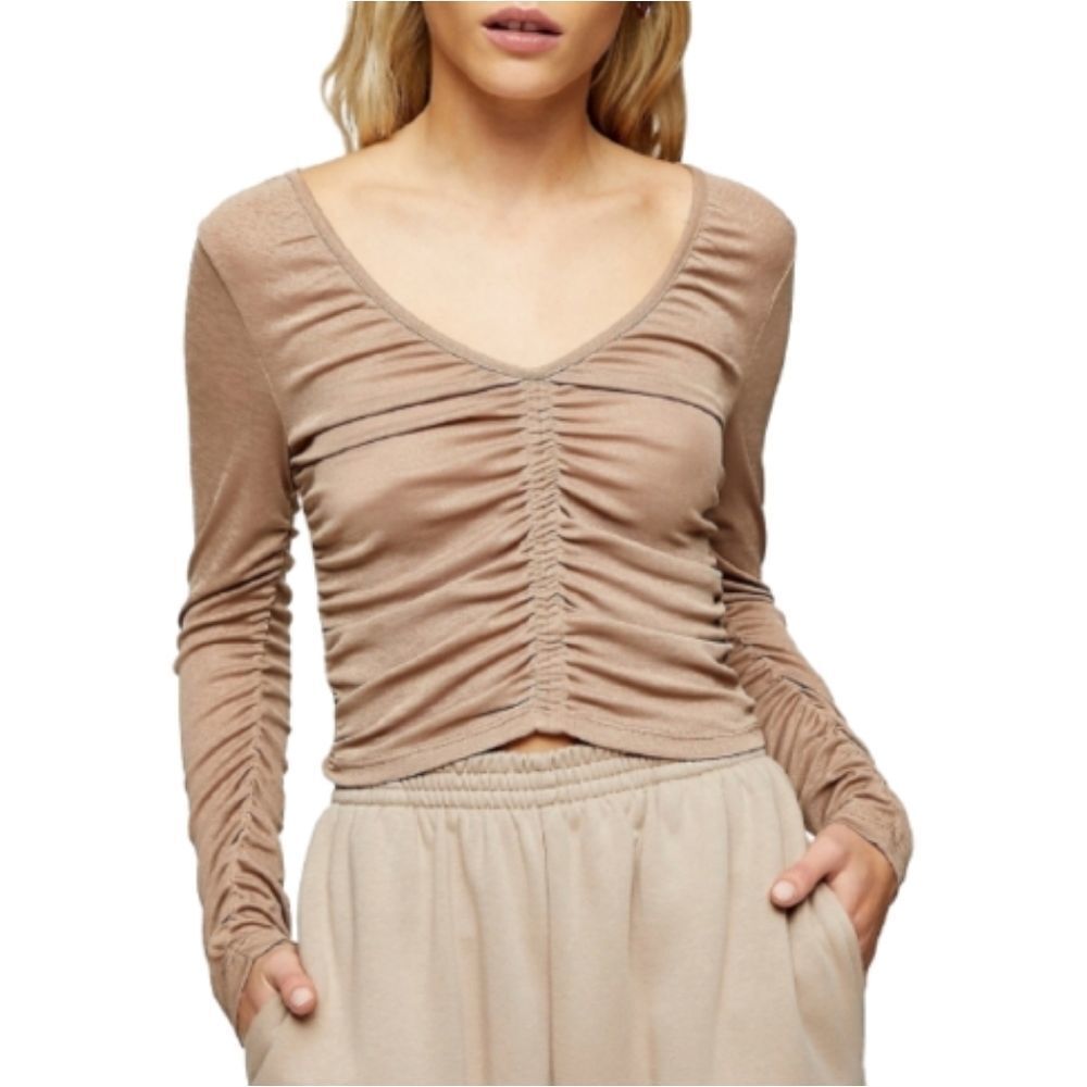 TOPSHOP Cream Long Sleeve Ruched V-neck Top Womens Size 2